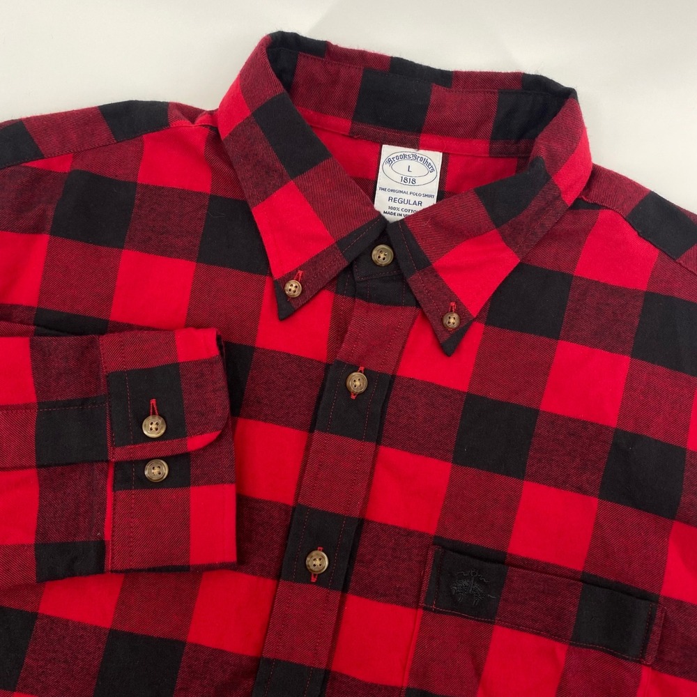 Brooks‎ Brothers Button Down Mens L Red Black Buffalo Check Plaid Flannel Shirt